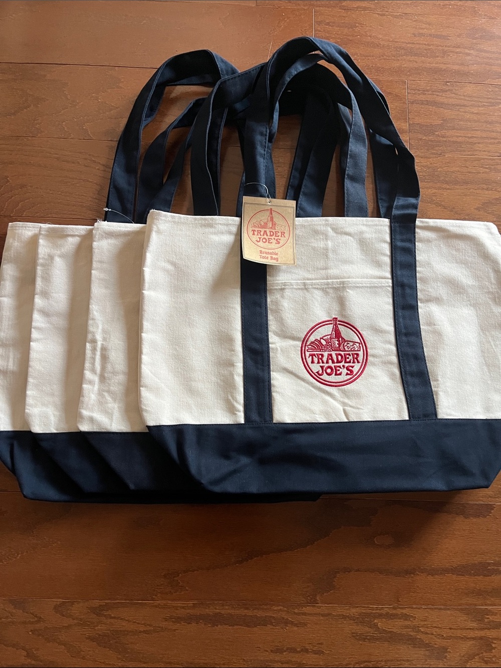 Trader Joe's Navy & Cream Canvas Tote Bag ( set of 4)